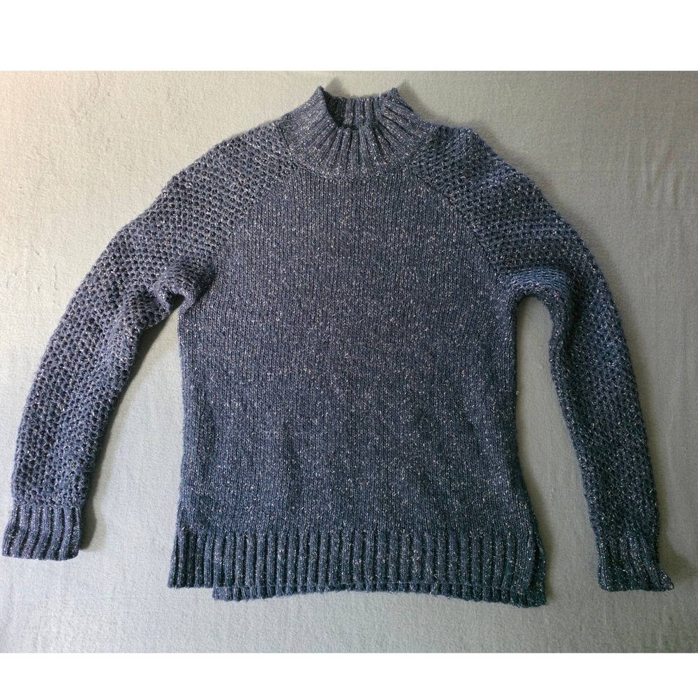 prAna Ibid Sweater M Dark Sky Blue Grey Speckled Tweed Wool Blend Mock Neck
